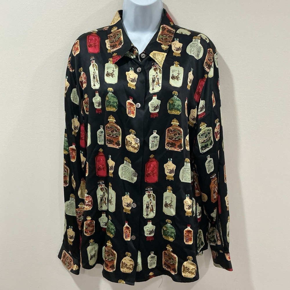 Vtg RAFAELLA Long Sleeve 100% Silk Blouse With Asian Snuff Bottle Print Size 16